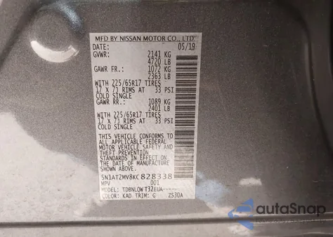 2019 Nissan Rogue Sv z USA, uszkodzony, nr VIN 5N1AT2MV8KC828338